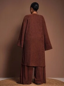 Veslaya Set casual da 2 pezzi, composto da top a maniche lunghe e pantaloni, in colore tinta unita, taglie comode e oversize - Castano - Visualizzare 7