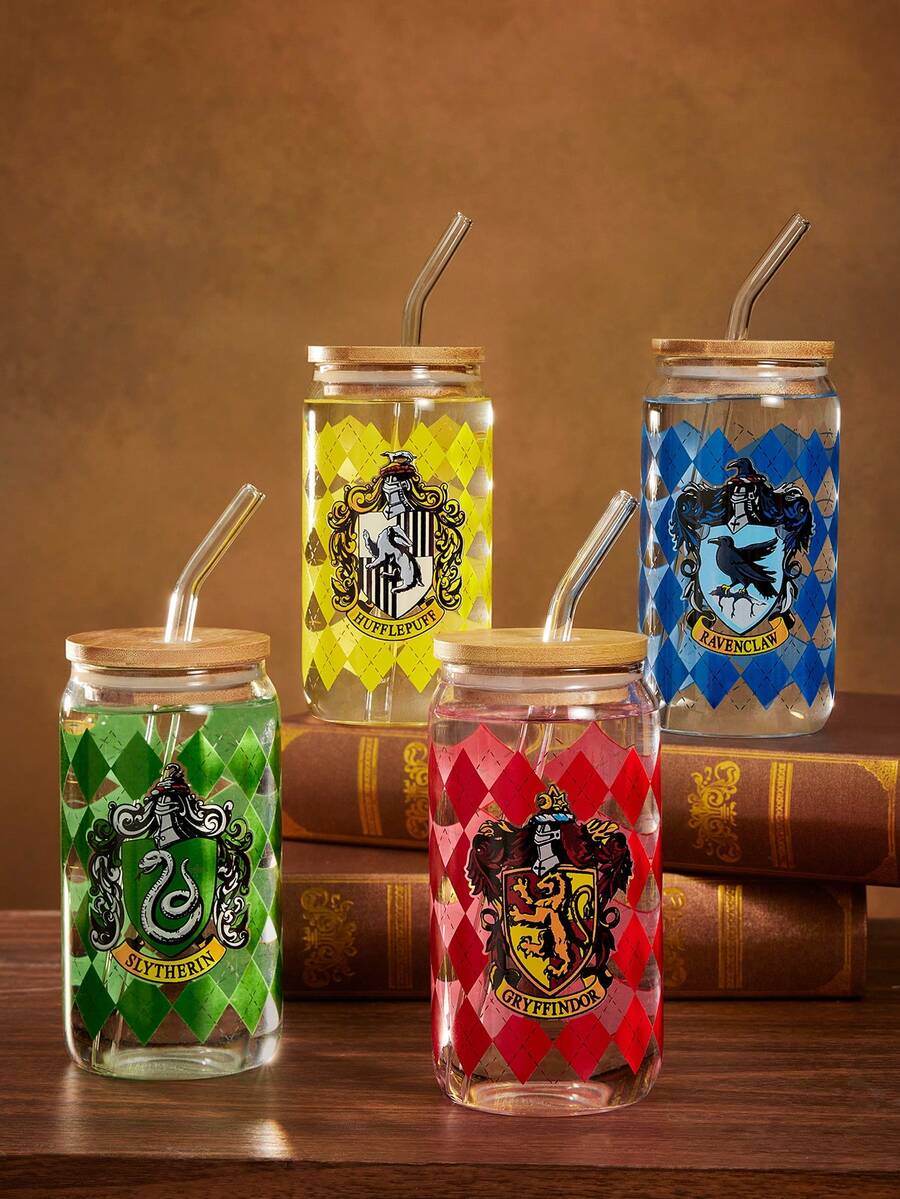 HARRY POTTER X SHEIN Plaid House Design Glass Straw Cup (Straw Cleaning Included), For Cold Or Hot Drinks, Coffee, Milk, Juice Cup,Back To School - Clear - View 1