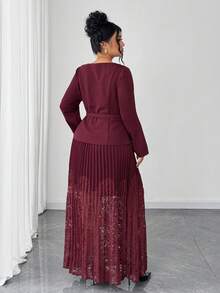 SHEIN Elenzya 2 pièces Blazer veste à manches longues avec col carré, boutons métalliques et ceinture pour femmes grandes tailles, et jupe longue plissée avec patchwork en dentelle, convient pour le travail et les occasions