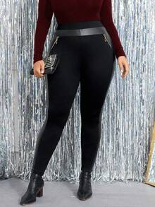 Cravure Plus Size Women Casual Fashion Street Chic High Waist Mixed Media Zipper Decor Skinny Pants - Black - View 6