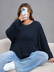 SHEIN CURVE+ Maglione in maglia a costine elasticizzato di colore unito, taglie comode, abbigliamento invernale da donna