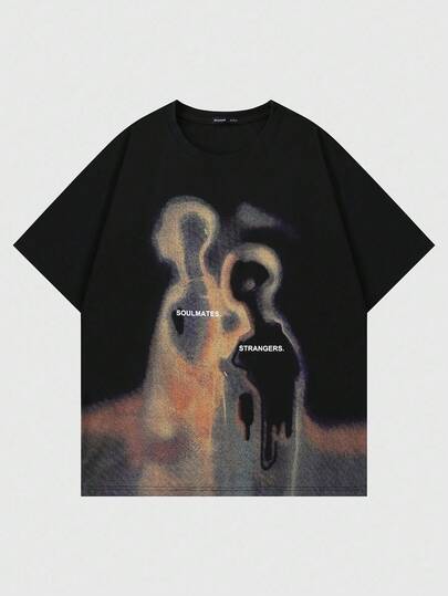 Street Life Men's Vintage Street Silhouette Thermal Imaging Figure Print Short Sleeve T-Shirt, Summer, 2000s Style