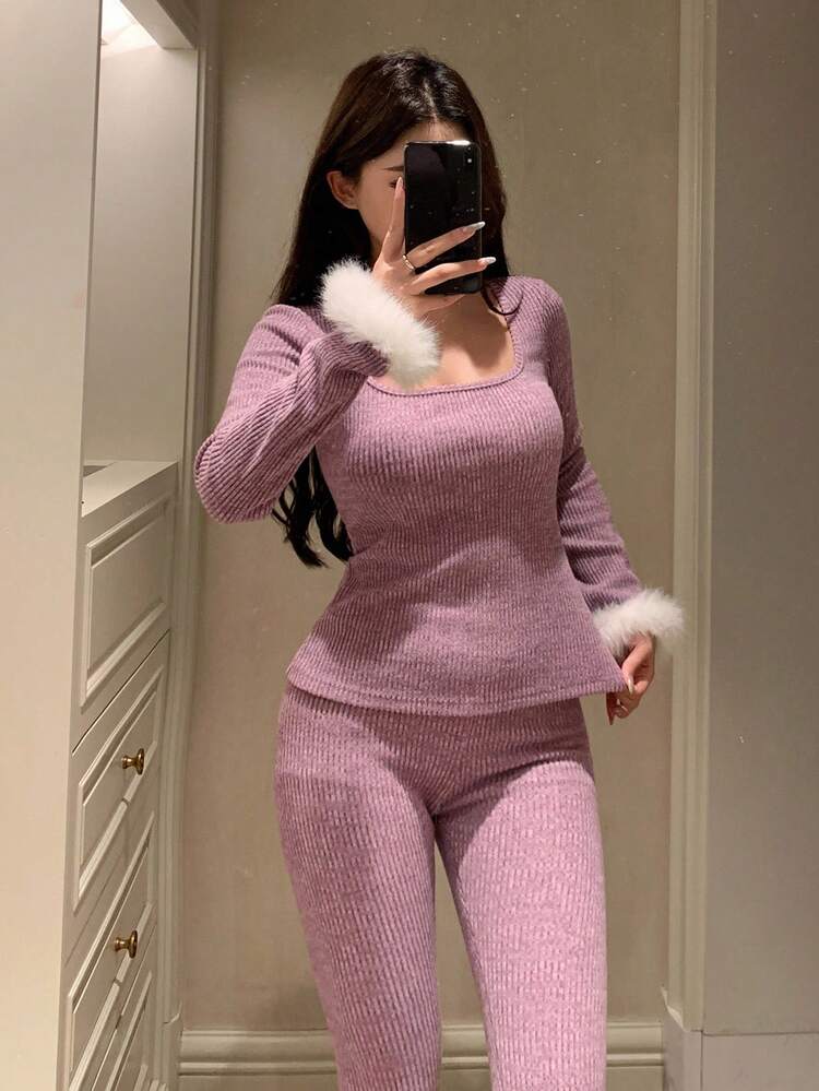 Women's Brushed Knit Fuzzy Fluffy Cuff Trim Top & Pants Fitted Pajama Clothes Set, Autumn/Winter, Cozy