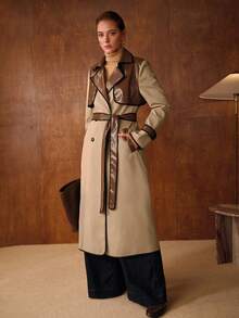 MOTF PREMIUM 女式秋冬撞色 PU 皮革收腰双排扣风衣 - 卡其色 - 查看 5