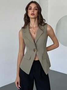 Firerie Women's Minimalist Elegant Daily Casual Urban Commute Office Wear Gray-Green Sleeveless Lapel Metal Button Fitted Blazer, Women's Blazer, Autumn/Winter Wear, Formal Occasion Wear - Green - View 6