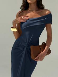 Aloruh Elegant Off Shoulder Twist Waist Decor Slim Fit High Slit Dress - Navy Blue - View 3