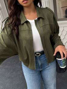 Easura Plus Size Casual Loose Solid Color Green Jacket, Spring/Autumn Fall Winter Cloth For Women