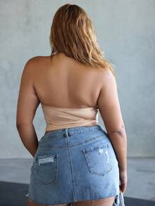 MelDlgn Plus Size Women's Faux Pearls Beaded Bandana Hem Crop Tube Top, Suitable For Date Night, Birthday, Bachelorette Party, Casual, Shopping, Streetwear, Going Out, Easy To Match&Looks Slim, Flatter The Figure - Khaki - View 2