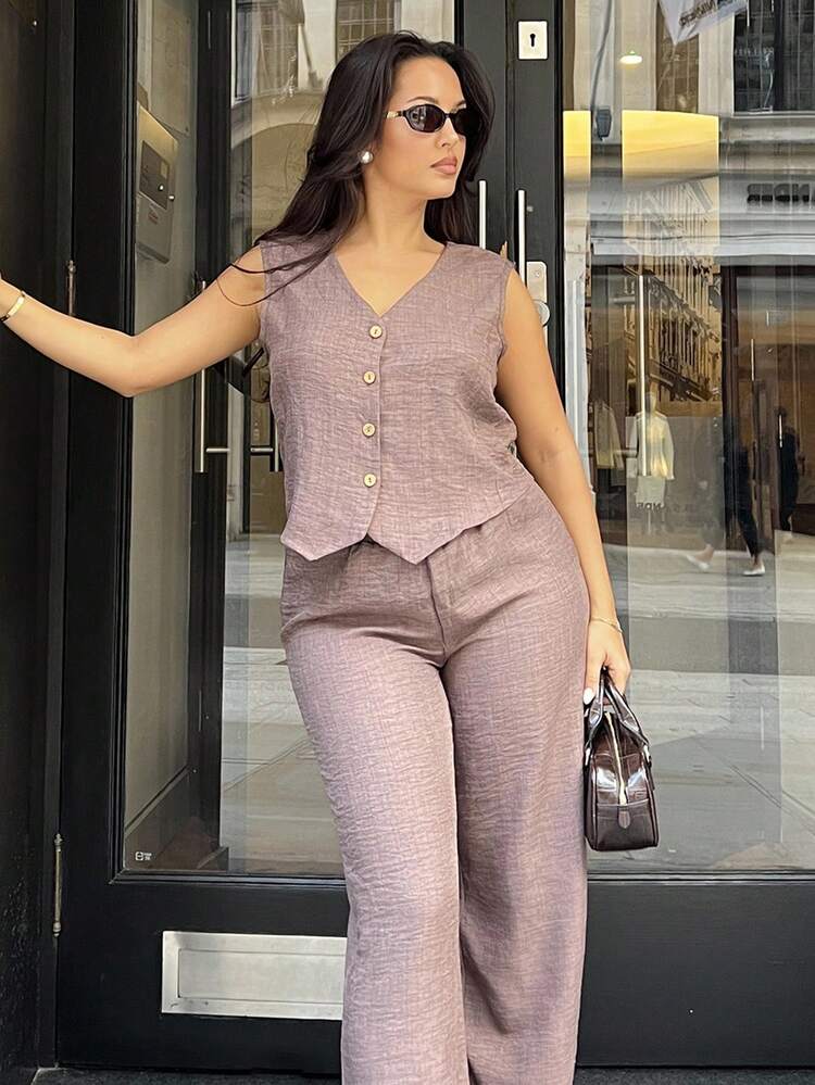 NegzBox Ensemble casual 2 pièces pour femmes, composé d'un gilet unicolore à simple boutonnage et d'un pantalon, en été - Marron fonçé - Voir 4