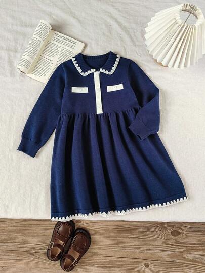 SHEIN 少女休闲拼色针织连衣裙，秋冬