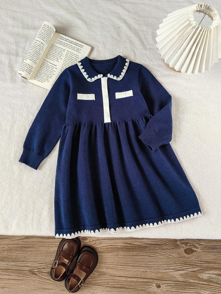 SHEIN 少女休闲拼色针织连衣裙,秋冬 - 藏蓝色 - 查看 1