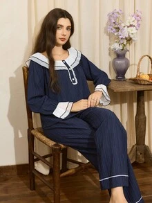 SHEIN Côtesoire Set de pijamale pentru femei cu mânecă lungă, cu guler dublu și volane, în culori contrastante, cu decor cu nasturi, haine de toamnă