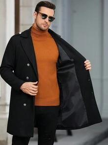 Manfinity Mode Men's Solid Color Pocket & Button Front Long Sleeve Black Overcoat, Autumn Fall Winter - Black - View 8