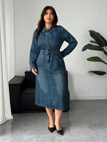 Dazy Plus 大码女式休闲深色水洗牛仔翻领半襟长袖连衣裙，春秋季 - 中等水洗藍 - 查看 7