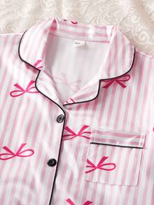 两件套少女优雅格子缎面开衫和裤子休闲舒适睡衣套装，带蝴蝶结 - 彩色 - 查看 4