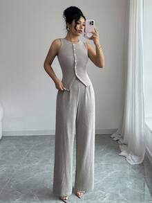 Elenzga Bộ đồ 2 món thanh lịch dành cho nữ, áo ba lỗ cổ tròn không tay viền bất đối xứng cài nút và quần ống đứng rộng rãi lưng cao co giãn - Màu be - Xem 6