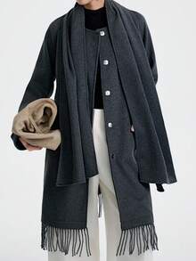 SHEIN LUNE 女士休闲纯色围巾，长款羊毛围巾，带口袋，适合通勤和外出，秋冬季 - 灰色 - 查看 5