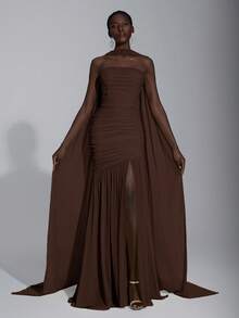 Elitara Elegant Cream Yellow Chiffon Halter Neck Dress (Detachable Sequins), Bust Ruched, Mesh Hem Fishtail, Suitable For Dates, Vacation, Weddings, Bridesmaid Events - Coffee Brown - View 6