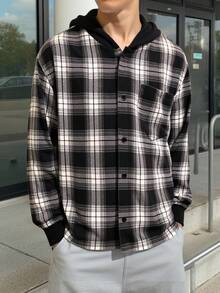 SHEIN Teenager Boys' Plaid Jacket Hoodie Shirt,Contrast Plaid Casual Basic Wear For Winter,Streetwear,Graduation,Back-To-School,Versatile All-Match Fall - Multicolor - View 3