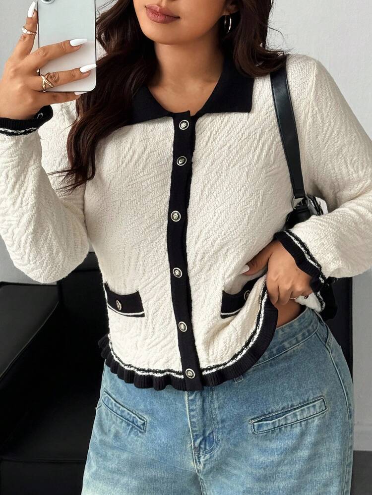 Dazy Plus Colorblock Collared Long Sleeve Elegant Plus Size Women Casual Knit Cardigan, Autumn/Winter