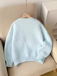 SHEIN 青少年女孩蝴蝶结刺绣毛衣，甜美休闲百搭日常穿着，柔软舒适 - 淺藍色 - 查看 2