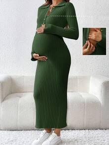 SHEIN 孕妇纽扣罗纹针织修身优雅长袖毛衣裙 - 墨綠色 - 查看 5