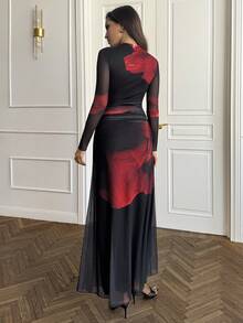 SHEIN BAE New Autumn/Winter Red Tie Dye Floral Mesh Print Party Long Sleeve Fitted Dress For Vacation - Red - View 2