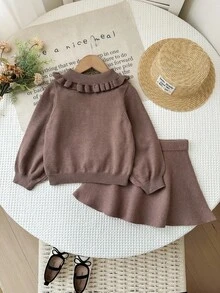SHEIN Young Girl Solid Color Peter Pan Collar Long Sleeve Sweater And Knitted Mini Skirt Cute Set, Autumn/Winter - Brown - View 2