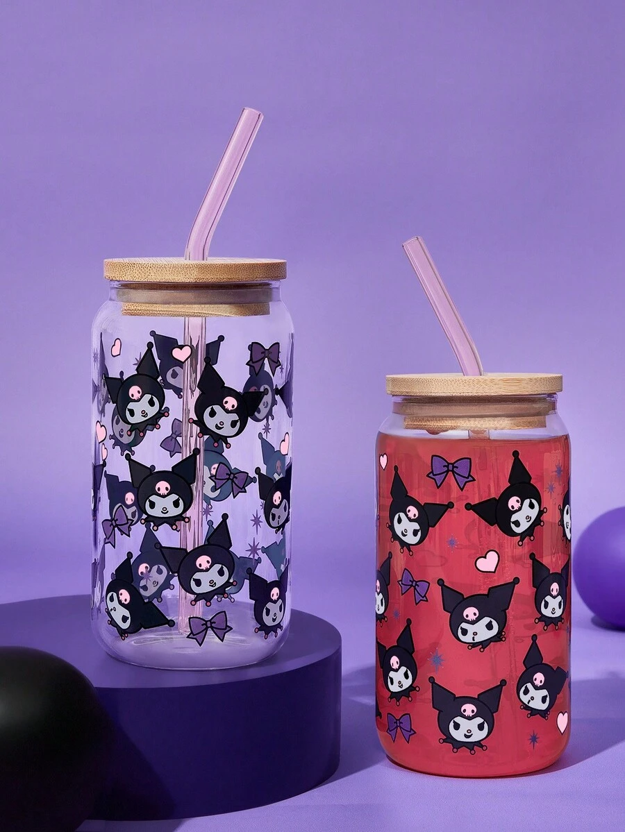 HELLO KITTY AND FRIENDS | SHEIN 1 个高硼硅玻璃杯，图案可爱，配有吸管清洁刷，耐热，适用于牛奶、果汁、咖啡等。
