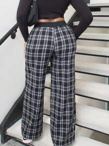 Alexandranx Women's Casual Loose Checked Wide Leg Pants - Black and White - View 2