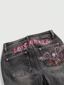 Betty Boop | ROMWE Y2K Motorcycle Cartoon Figure Graphic Rhinestone Wing Embroidery Flare Leg Jeans - Black - View 2