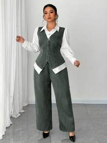Elenzga 大码女式纽扣条纹拼布撞色衬衫和条纹裤优雅通勤两件套 - 軍綠色 - 查看 5