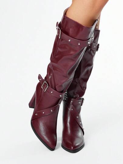 Grunge Punk 2025 New Chunky Heel Pointed Toe Thigh High Boots For Women, Buckle Strap Non-Slip Versatile Riding Boots