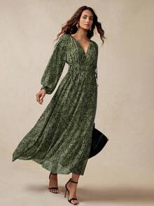 Florisole Váy xòe dáng chữ A, tay lỡ, họa tiết Paisley boho cổ điển, thiết kế buộc dây thanh lịch dành cho nữ, mùa xuân/thu - xanh quân đội - Xem 3