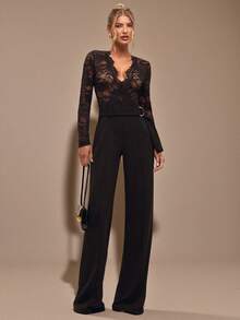 SHEIN BAE 黑色蕾丝长袖深V领连体裤，优雅女士内衣，适合日常约会、外出、聚会，不对称阔腿设计，优雅秋冬连体裤 - 黑色 - 查看 3