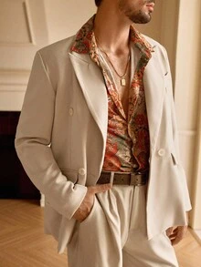 HIMLAND Men's Solid Color Double-Breasted Elegant Long Sleeve Blazer, For Fall Winter - Apricot - View 3
