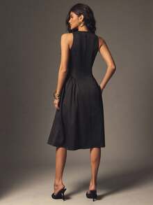 SHEIN Haute 女式弹力编织镂空前收腰A字形侧褶长裙金属纽扣 - 黑色 - 查看 5