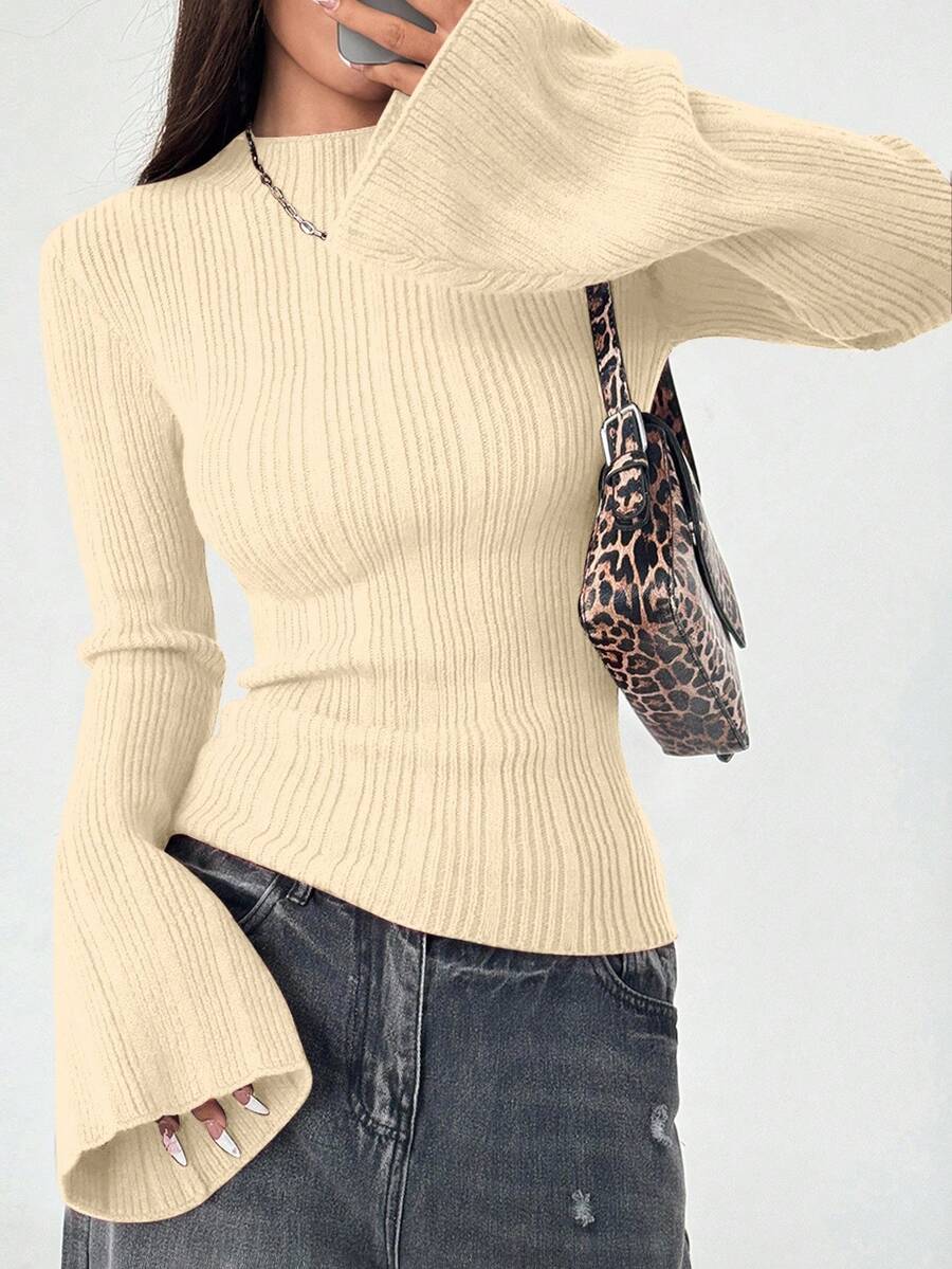 Flirla Áo len dài tay dáng xòe màu trơn thời trang dành cho nữ - Màu be - Xem 1