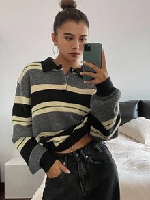 Livesso 女士休闲条纹高领毛衣，秋季 - 灰色 - 查看 4