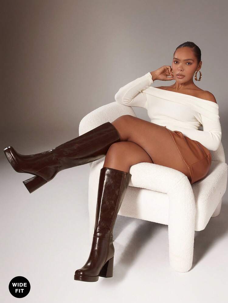 SHUZIA Bottes hautes à plateforme carrée en PU huileux confortables et glamour pour femmes avec fermeture éclair intérieure