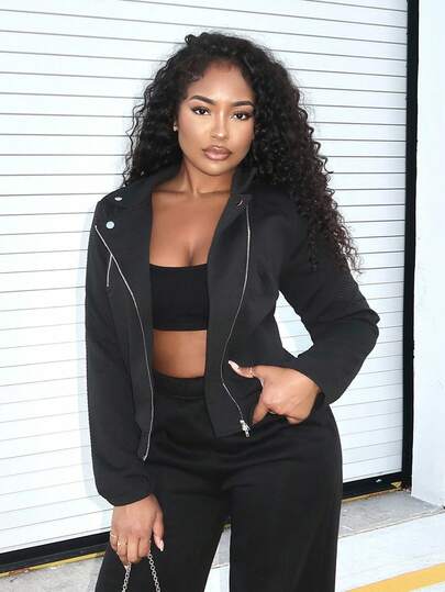 Alexandranx Women's Textured Fabric Zip-Up Casual Motorcycle Jacket With Lapel Fall Winter Cloth For Women