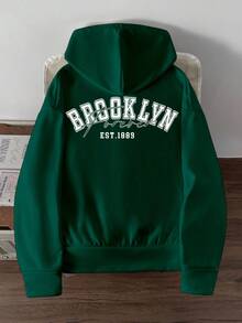 Manfinity Joysei 男士秋季字母印花拉链抽绳连帽运动衫 - 綠色 - 查看 3