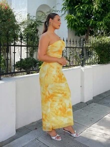 Nezia Cruz 女式扎染露肩连衣裙，侧开衩下摆，超长款女装 - 黃色 - 查看 5