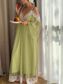 DAZY 浪漫风格网眼肩带蕾丝拼接女士睡袍、睡衣、Moo Moo、秋季