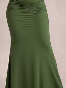 Freevana 大码优雅浪漫复古 A 字形针织长裙，适合派对和聚会，秋冬季 - 橄欖綠 - 查看 6