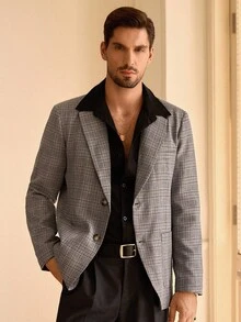 HIMLAND 男士休闲格子中式领西装外套，适合秋冬 - 棕色 - 查看 5