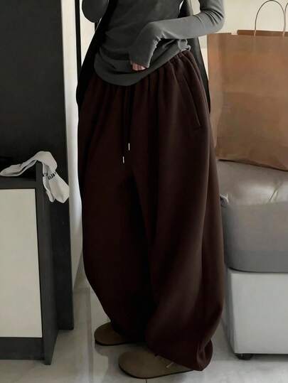 SHEIN Women's Coffee Brown & Black Drawstring Elastic Waist Loose Pockets Jogger Pants