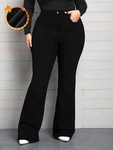 EMERY ROSE Quần jeans ống loe denim co giãn cỡ lớn mùa đông - màu đen - Xem 6