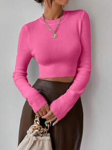 Rafferiza Women's Solid Color Round Neck Long Sleeve Cropped Fitted Pullover Sweater, Autumn - Hot Pink - View 5