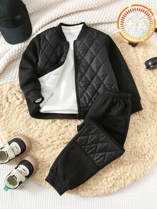 SHEIN 2 件套年轻男孩加厚绗缝夹克和裤子，冬季休闲工作服保暖衬里套装 - 黑色 - 查看 6